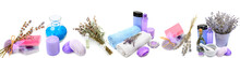 Set Of Cosmetic Products And Alternative Medicine Products From Lavender Isolated On White . Panoramic Collage. Wide Photo.