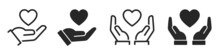 Heart In Hand Icons Set. Hands Holding Heart Icon. Love Icon. Health, Medicine Symbol. Healthcare Hands Holding Heart Flat And Line Style - Stock Vector.