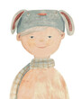 Boy in hat rabbit. Watercolor illustration, hand drawn