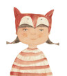 Girl in hat fox. Watercolor illustration, hand drawn