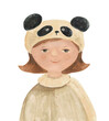 Girl in hat panda. Watercolor illustration, hand drawn