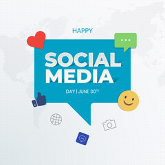 Wall Mural - Happy Social Media Day June 30th with chat box and social media illustration on global maps background design