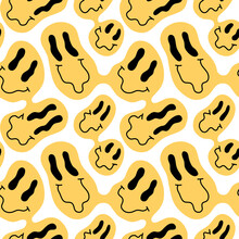 Vector Wallapaper In 70s Retro Style. Seamless Pattern With Yellow Distorted Smile. Groovy Hippie Psychedelic Background.