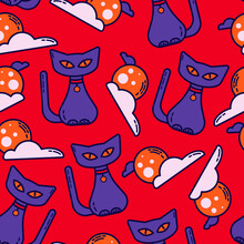 Mystic Cat And Moon Seamless Pattern. Witch Spooky Line Art For Print, Wallpaper, Fabric, Wrapping Paper, Backgrounds. Cute Colorful Isolated Vector Illustration