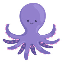 Purple Octopus. Funny Ocean Animal. Smiling Character