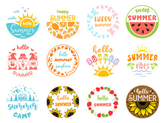 Wall Mural - Summer round sign with quotes Hello summer. Set of summer symbols or emblem designs. Holiday illustration for badges and cards.