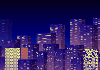 Wall Mural - Neon night in the business city with skyscrapers. Purple highrise cityscape background in 80s style with neon lights in the windows.