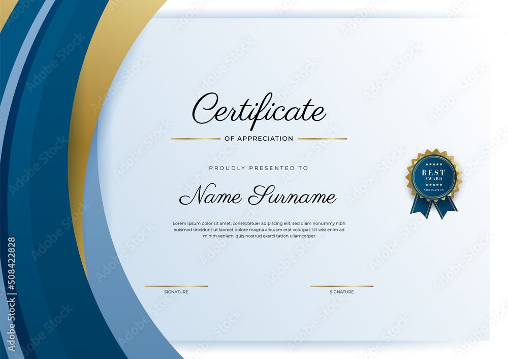 Certificate blue template with modern luxury pattern and golden lines ...