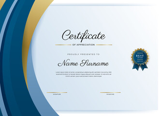 Certificate blue template with modern luxury pattern and golden lines. Vector illustration and vector Luxury premium badges design. Set of retro vintage badges and labels.