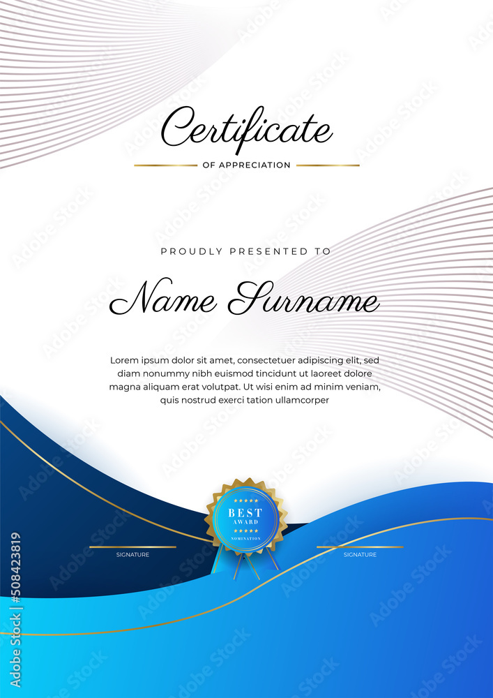 Certificate blue template with modern luxury pattern and golden lines ...