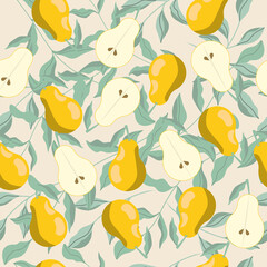 Naklejka na meble pear pattern with green leaf. fruity seamless pattern on a beige background. vector illustration, eps 10.
