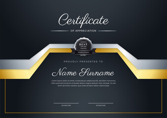 Certificate black template with modern luxury pattern and golden lines. Vector illustration and vector Luxury premium badges design. Set of retro vintage badges and labels.