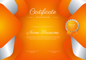 Certificate orange template with modern luxury pattern and golden lines. Vector illustration and vector Luxury premium badges design. Set of retro vintage badges and labels.