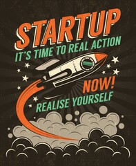Wall Mural - startup retro poster with a rising rocket on a dark background. worn texture on separate layer and c