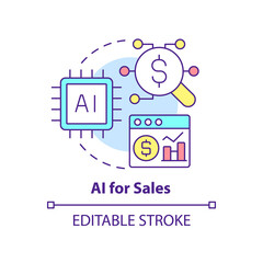 Wall Mural - AI for sales concept icon. Selling trend abstract idea thin line illustration. Machine learning. Increasing revenue. Isolated outline drawing. Editable stroke. Arial, Myriad Pro-Bold fonts used