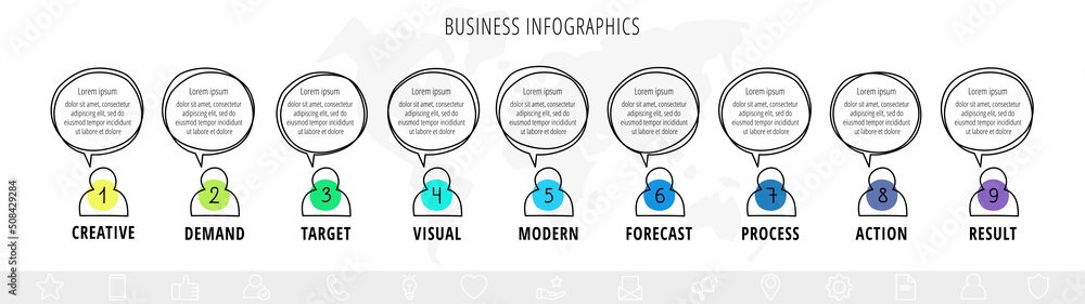 Hand-drawn timeline visualization with nine steps and people icon ...