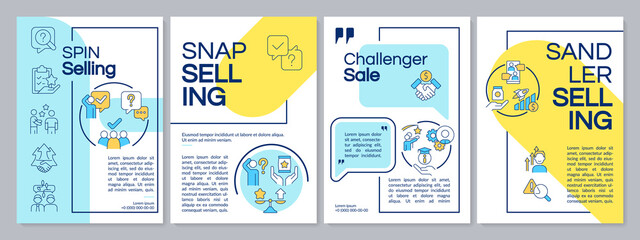 Sales techniques blue and yellow brochure template. Modern marketing. Leaflet design with linear icons. Editable 4 vector layouts for presentation, annual reports. Questrial, Lato-Regular fonts used