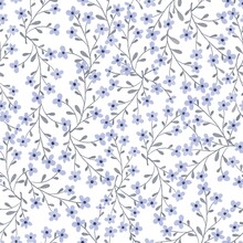 Watercolor Blue Flowers Pattern With Leaves. Light Blue Baby Floral Ornate. Simple Kids Minimalist Botanical.