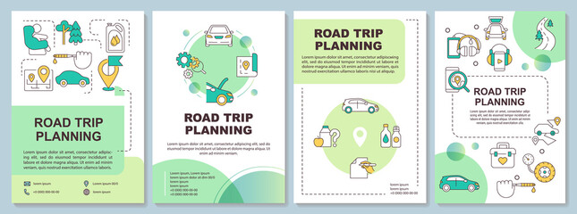 Road trip planning green brochure template. Car tourism. Leaflet design with linear icons. Editable 4 vector layouts for presentation, annual reports. Arial-Black, Myriad Pro-Regular fonts used