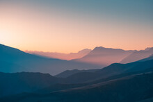 Beautiful Mountains At Sunset. Autumn Landscape, Abstract Nature Background. Ingushetia, North Caucasus, Russia.