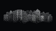 Concept Of Smart City. Digital Building At Night. Illustration On Black Background.