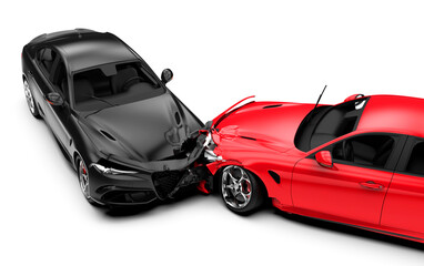 Wall Mural - Accident between two cars, one red and one black, isolated on white, top view