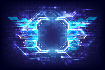 Wall Mural - Abstract hardware and software background. Circuit board, Chip processor, Mainboard and code programmer. Hi-tech computer engineer. Pixels screen and database coding. Blue wings neon lighting effect