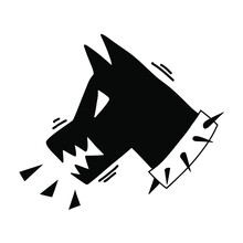 Doodle Evil Dog. Aggressive Angry Emoji. Barking, Screaming Dog Face. Vector Illustration Isolated On White.