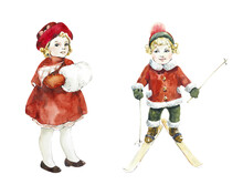 Christmas Children. Victorian Style. New Year Cards. Watercolor Hand Drawn Illustration.