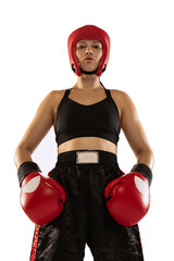 Wall Mural - Portrait of professional female boxer in sports protective equipment posing isolated on white studio background. Sport, competition, hobby, results, success concept