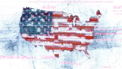 Glitched United States of America flag in silhouette of USA map on abstract digital code loop background. 3D animation concept for national cyber security awareness, safe internet and fraud attacks.
