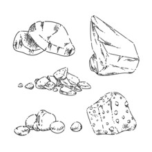 Stone Rock Set Sketch Hand Drawn Vector Pebble Sea, Boulder Crystal, River Diamond Vintage Black Line Illustration