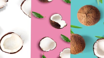 Wall Mural - Whole and half fresh coconut set and slices animated on white,pink and aquamarine background , top view