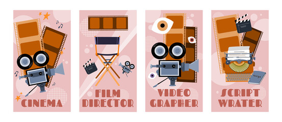 A set of video production web banners for applications. Production of films and TV programs. The idea of creative people and professions. Video production. Director and screenwriter. Videographer