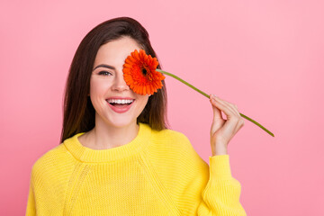 Sticker - Photo of young excited pretty girl have fun close eye flower cosmetology isolated over pink color background