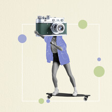 Contemporary Art Collage. Stylish Young Girl With Retro Camera Head Moving On Skate. Reaching Goals