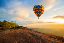 Colorful Hot Air Balloons Flying Over Mountain At Dot Inthanon In Chiang Mai, Thailand.