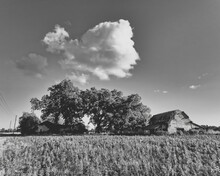 A Rural Landscape Of An Old Farm And Barn In Black And White In The USA.