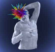 Abstract Dark Art Concept Illustration From 3D Rendering Of White Marble Classical Male Torso Sculpture With White Skull Colorful Exploding Face Isolated On Dark Blue Background.