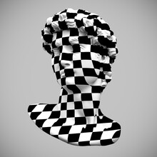 Abstract Black And White Checkered Pattern Illustration From 3D Rendering Of Classical Head Sculpture Isolated On Gray Background.  