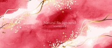 White, Red, Pink Watercolor Fluid Painting Vector Background Design. Dusty Pastel, Neutral And Golden Marble. Alcohol Ink Imitation. Shiny Glamour Style
