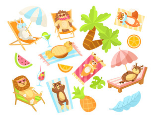 Wall Mural - Cute comic animals relaxing on beach vector illustrations set. Funny wild animal cartoon characters on sun loungers or beach towels isolated on white background. Summer, holiday, wildlife concept