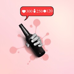 Wall Mural - Art with hand holding beer bottle with social media like, follower icons on pink background. Concept of social media.