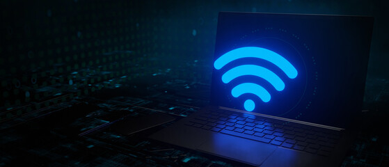 Wifi digital technology glowing icon in laptop technology background 3D render