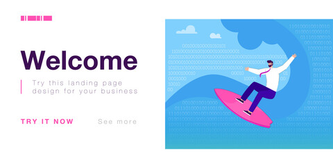Businessman surfing in digital waves of numbers and binary codes. Man exploring virtual space in search of ideas flat vector illustration. Business challenge, analysis of data, programming concept
