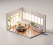 Isometric view minimal cafe store open inside interior architecture, 3d rendering digital art.