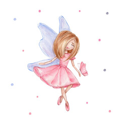 Girl and pink butterfly; watercolor hand drawn illustration; with white isolated background