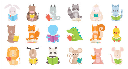 Poster - Cute Animals Reading Book in Hard Cover Enjoying Interesting Story Big Vector Set