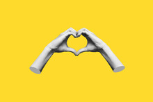 Human Female Hands Showing A Heart Shape Isolated On A Yellow Color Background. Feelings And Emotions. 3d Trendy Collage In Magazine Style. Contemporary Art. Modern Design