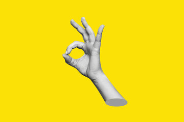 Wall Mural - The female hand showing the ok gesture isolated on a yellow color background. Trendy abstact 3d collage in magazine urban style. Contemporary art. Modern design. Okay hand sign